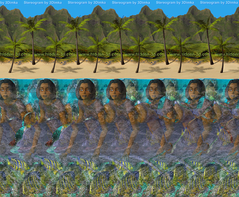 Stereogram by 3Dimka: Aloha. Tags: hawaii,sea,dolphin,girl,palm,beach,ocean,fish, hidden 3D picture (SIRDS)