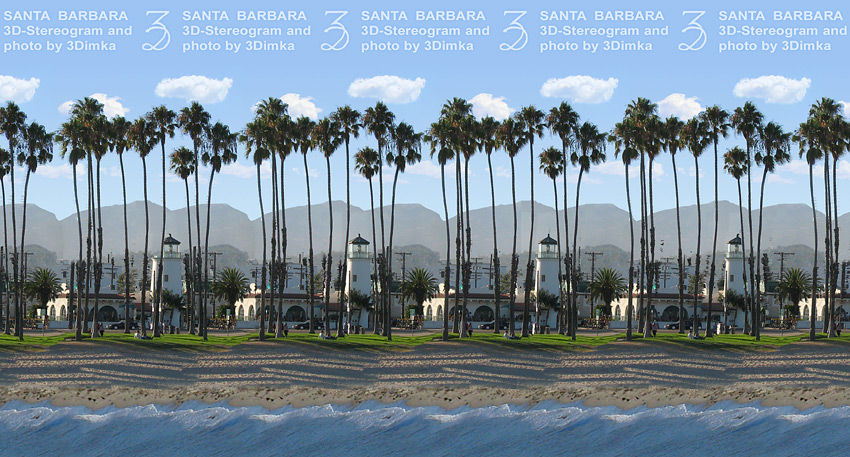 Stereogram by 3Dimka: Santa Barbara. Tags: santa barbara, city, street, beach, palms, trees, lighthouse,cars, hidden 3D picture (SIRDS)