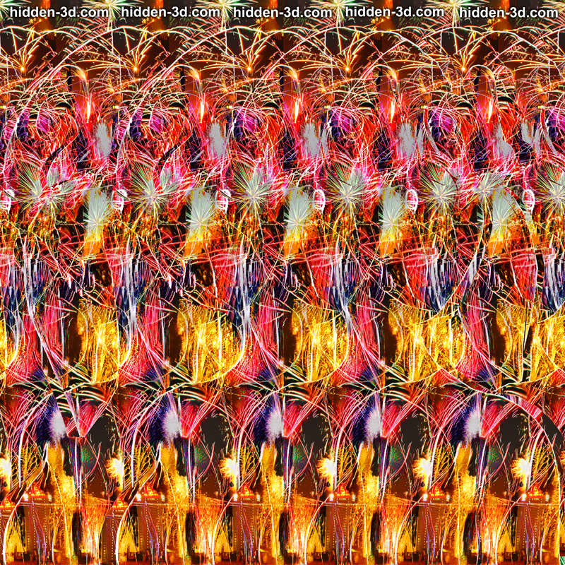 Stereogram by 3Dimka: Happy New Year 2019. Tags: girl pig glasses pigtails snout boobs fireworks, hidden 3D picture (SIRDS)