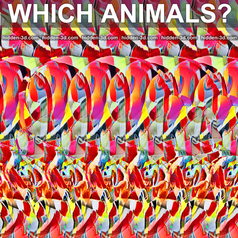 Stereogram by 3Dimka: How many and which animals?. Tags: snail frog, hidden 3D picture (SIRDS)