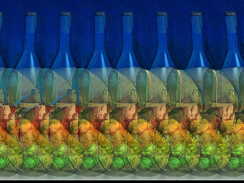 Stereogram by 3Dimka: Naturmort. Tags: bottle, fruits, skull, table, hidden 3D picture (SIRDS)