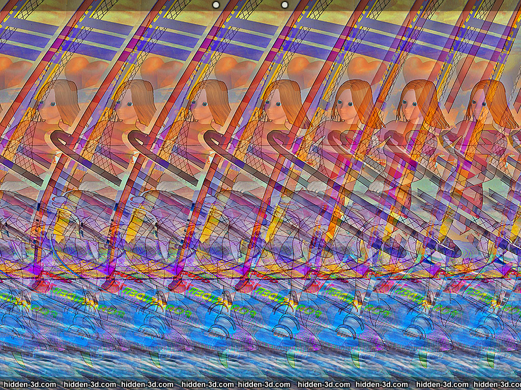 Stereogram by 3Dimka: Faster than wind. Tags: girl,surf,windsurf,dolphin,sea,ocean,board,water,sail, hidden 3D picture (SIRDS)