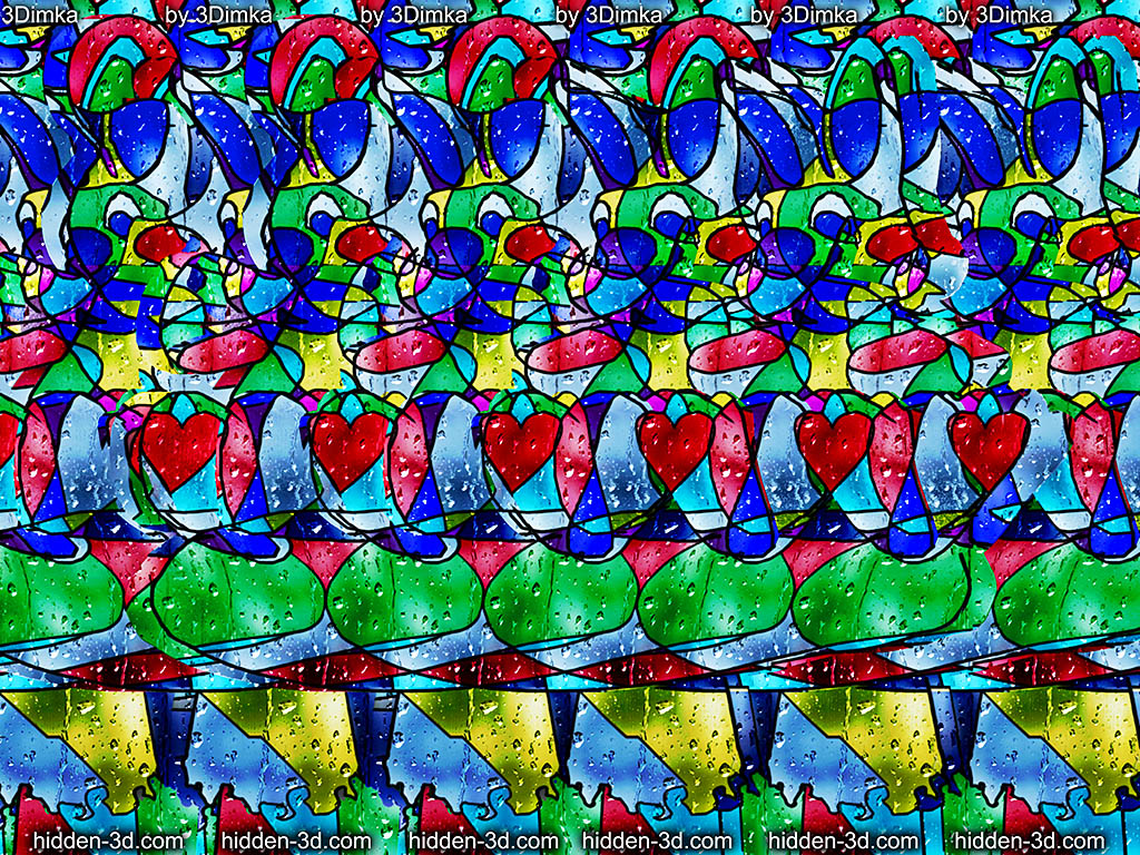 Stereogram by 3Dimka: Toys. Tags: stained glass bunny bear teddy mushroom, hidden 3D picture (SIRDS)