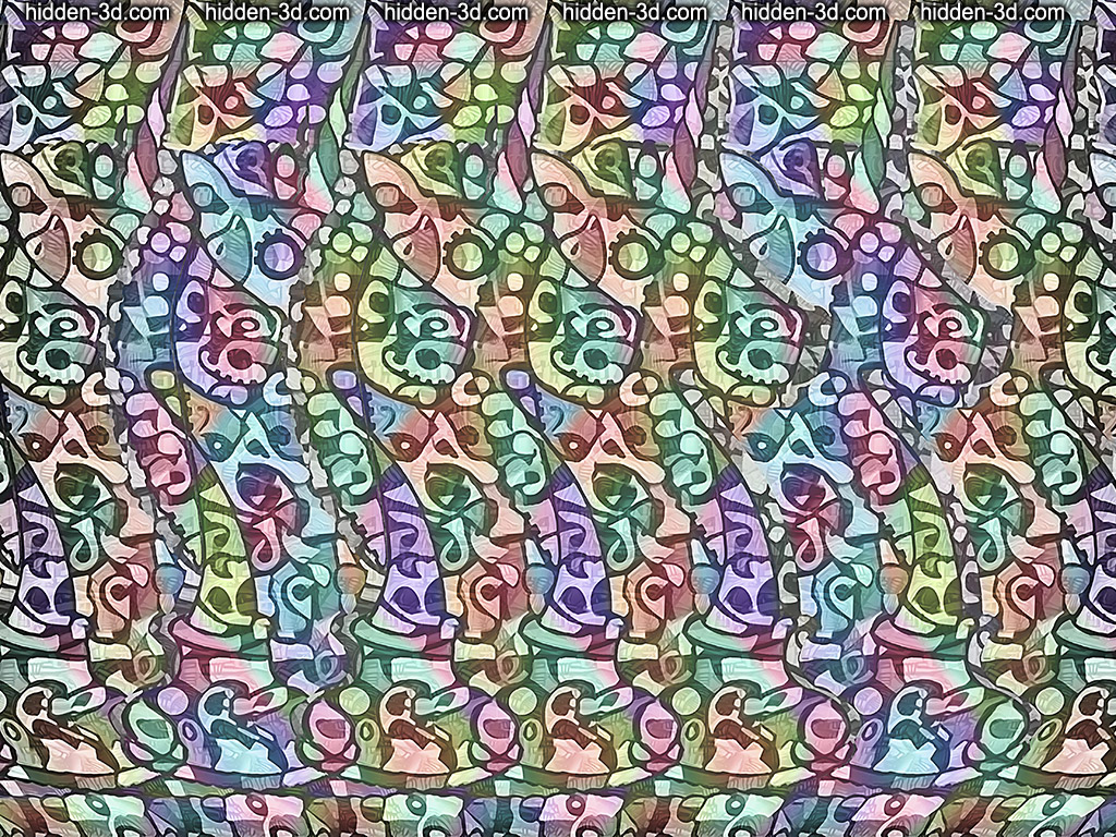 Stereogram by 3Dimka: Colorless Background Effect. Tags: chess knight horse unicorn abstract horn experimental disappearing colors effect, hidden 3D picture (SIRDS)